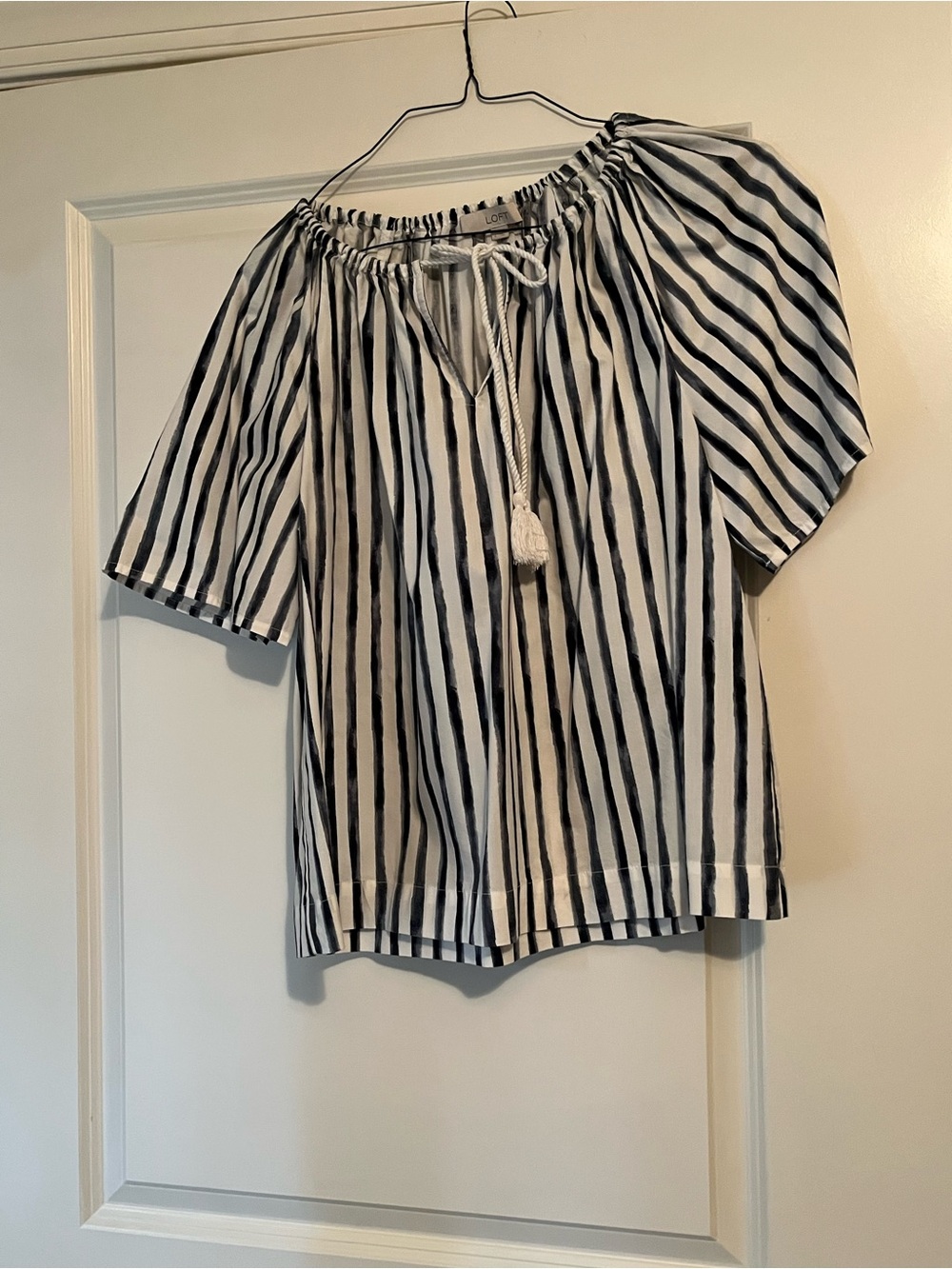 Striped Off-Shoulder Tassel Tie Women’s Top - Navy Blue & White